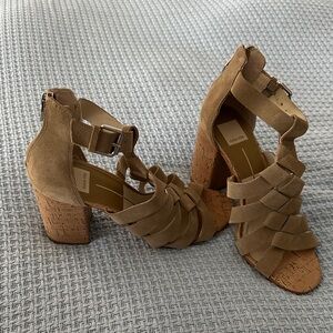 Dolce Vita Cognac Suede Woven Cork Block Heel Sandals